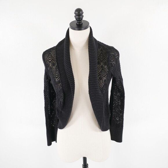 INC International Concepts Black Cowl Lapel Lace Knit‎ Cardigan Small Sweater - Picture 1 of 6